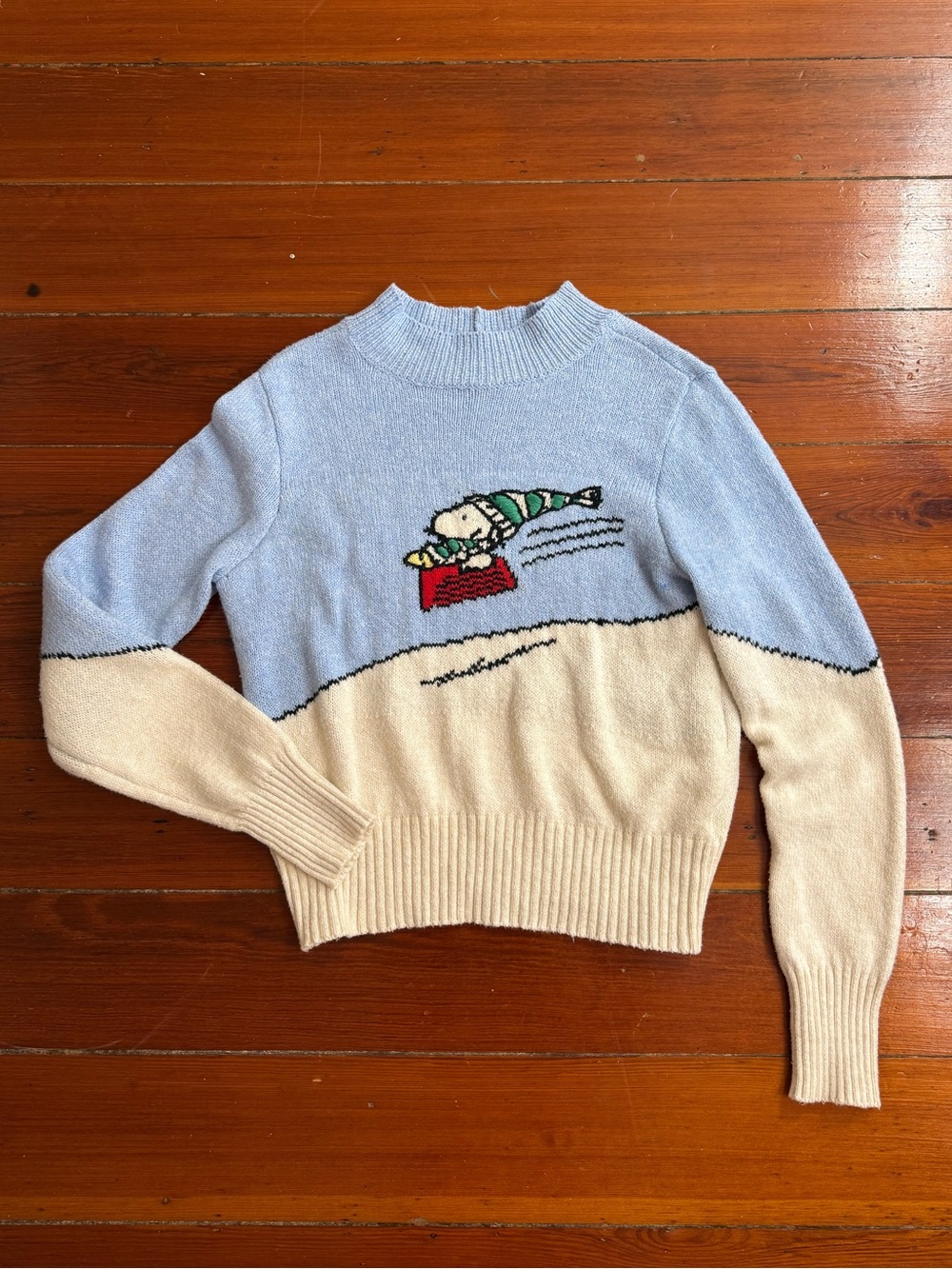 American Eagle Peanuts Snoopy Sledding Mock Neck Sweater Sz M 💚🍄